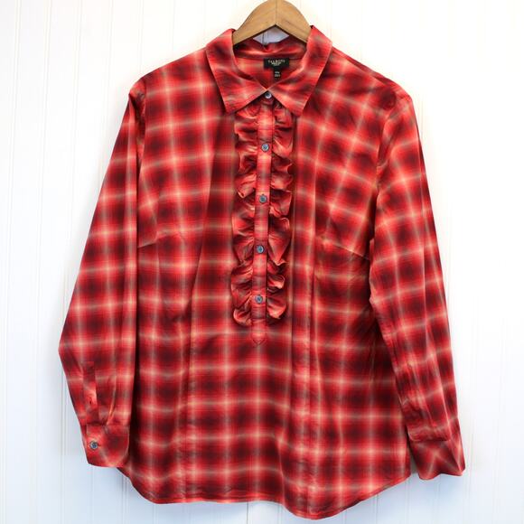 Talbots Woman Size 14W Plaid Blouse Ruffle Front Red Beige Plaid Prairie Modest - Picture 1 of 7